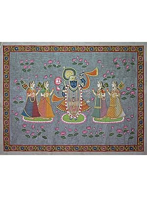 ShrinathJi With Gopis In Kamal Talai | Pichwai Painting | Stone Color On Cotton Cloth | By Narendra Kumar