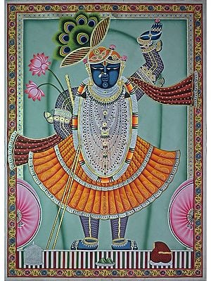 Lord Krishna As Shrinathji | Pichwai Painting | Stone Color On Cotton Cloth | By Narendra Kumar