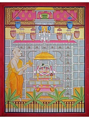 ShrinathJi Aarti With Saint | Pichwai Painting | Stone Color On Cotton Cloth | By Narendra Kumar