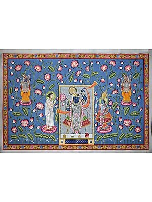 ShrnathJi With Yamuna Ji And Mahaparbhu Ji | Pichwai Painting | Stone Color On Cotton Cloth | By Narendra Kumar