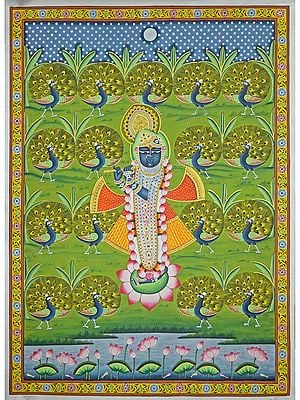 Lord Shrinathji With Peacocks By The Pond | Pichwai Painting | Stone Color On Cotton Cloth | By Narendra Kumar