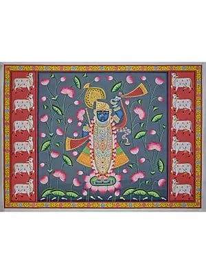 Shrinathji In Kamal Talai With Cows | Pichwai Painting | Stone Color On Cotton Cloth | By Narendra Kumar