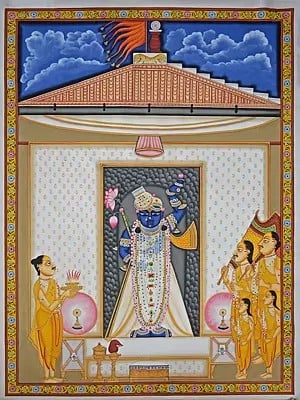 ShrinathJi Aarti With Saints | Pichwai Painting | Stone Color On Cotton Cloth | By Narendra Kumar