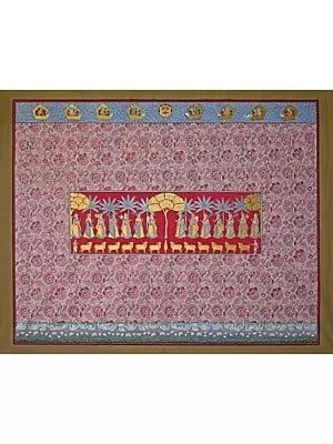 View Of Khejri Pujan With Floral Background | Pichwai Painting | Stone Color On Cotton Cloth | By Narendra Kumar