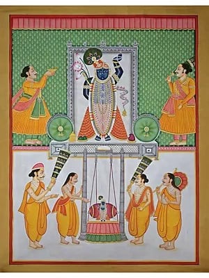 Devotees Swinging Shrinathji | Pichwai Painting | Stone Color On Cotton Cloth | By Narendra Kumar