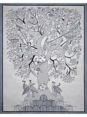 Tree Of Life In Gond Style | Stone Color On Cotton Cloth | By Narendra Kumar