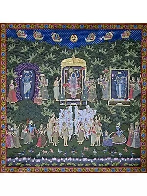 Shrinathiji In Sharad Purnima With Three Swaroop | Pichwai Painting | Stone Color On Cotton Cloth | By Narendra Kumar