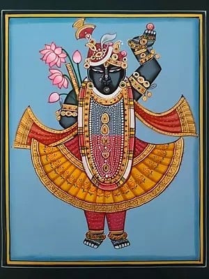 Shrinathji Holding Flute And Lotus | Pichwai Painting | Watercolor On Paper | By Babu Lal Sharma