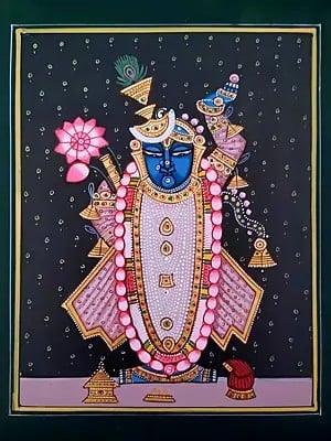 Shrinathji With Morpankh | Pichwai Painting | Watercolor On Paper | By Babu Lal Sharma