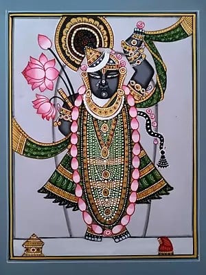 Shrinathji Wearing Garlands And Ornaments | Pichwai Painting | Watercolor On Paper | By Babu Lal Sharma