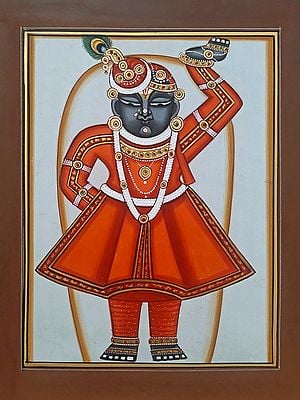 Lord Shrinathji In Orange Dress | Pichwai Painting | Watercolor On Paper | By Babu Lal Sharma