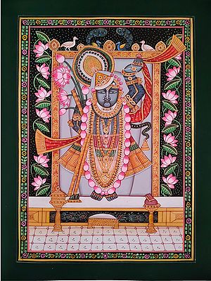 Lord Shrinathji With Lotus And Peacock | Pichwai Painting | Watercolor On Paper | By Babu Lal Sharma