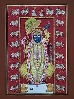 Shrinathji Surrounded By Cows | Pichwai Painting | Watercolor On Paper | By Babu Lal Sharma