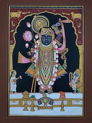 Lord Shrinathji With Mahaprabhuji And Yamuna | Pichwai Painting | Watercolor On Paper | By Babu Lal Sharma