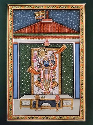 Shrinathji In The Temple | Pichwai Painting | Watercolor On Paper | By Babu Lal Sharma