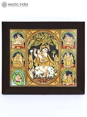 Murli Manohar Lord Krishna | 24 Karat Gold Work | Framed Tanjore Painting