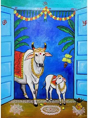 Devotion of Kamadhenu | Acrylic on Canvas | by Arjun Das