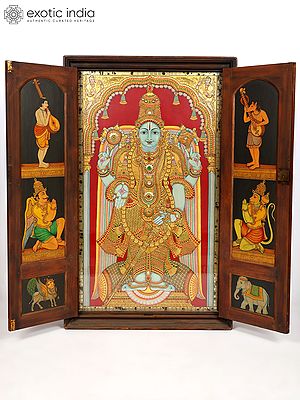Standing Lord Vishnu | Traditional Tanjore Painting with Ornate Door Frame | 24 Karat Gold