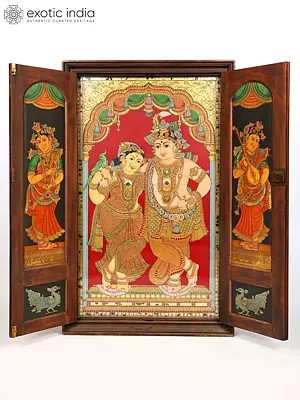 Divine Love of Radha Krishna – Traditional Tanjore Painting with Wooden Door Frame | 24 Karat Gold Work