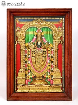 Embossed Tirupati Balaji (Venkateshvara) Tanjore Painting | Traditional Colors with 24 Karat Gold Work | With Frame
