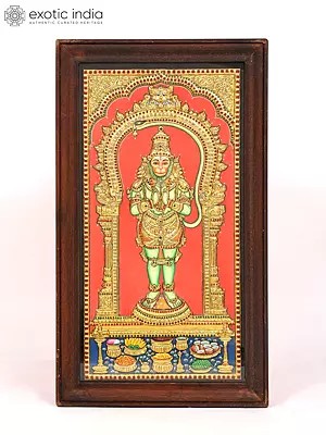 Standing Lord Hanuman in Namaskar Mudra | Framed Tanjore Painting with 24 Karat Gold Work