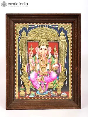 Blessing Lord Ganesha Seated on Throne | Framed Tanjore Painting with 24 Karat Gold Work