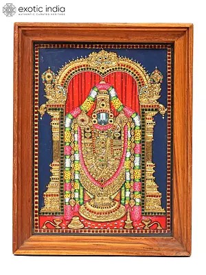 Lord Tirupati Balaji (Venkateshvara) with Kirtimukha Prabhavali | Framed Tanjore Painting with 24 Karat Gold Work