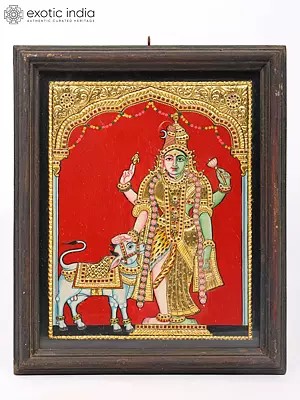 Ardhanarishvara with Nandi - Divine Union of Shiva and Shakti | Framed Tanjore Painting with 24 Karat Gold Work