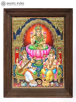 Divine Trio : Lakshmi, Ganesha and Saraswati | Framed Tanjore Painting with 24 Karat Gold Work