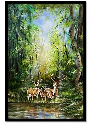 Painting of a Deer Family in the Forest | With Frame | Acrylic on Canvas | by Gurpreet Kaur