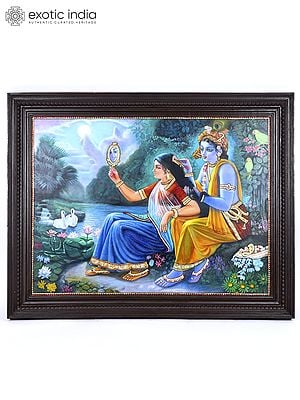 Lord Krishna Doing Shringar of Radharani | 24 Karat Gold Work | Framed Tanjore Painting