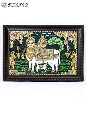 Goddess Kamadhenu with Calf | 24 Karat Gold Work | Framed Tanjore Painting