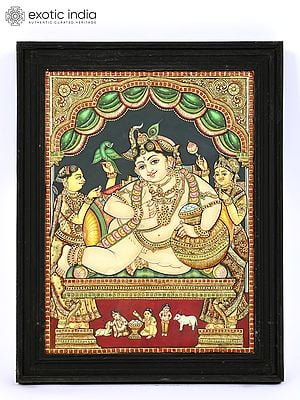 Makhan Chor Krishna | 24 Karat Gold Work | Framed Tanjore Painting