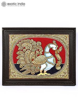 Peacock with Beautiful Tail | 24 Karat Gold Work | Framed Tanjore Painting