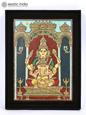 Lord Ganesha with Devi Lakshmi | 24 Karat Gold Work | Framed Tanjore Painting