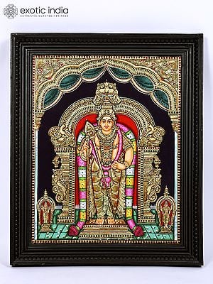 Lord Karttikeya Standing on Kirtimukha Throne | 24 Karat Gold Work | Framed Tanjore Painting