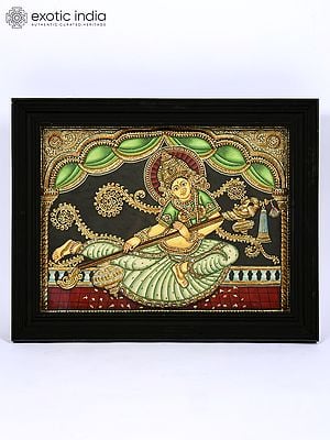 Indonesian Saraswati | 24 Karat Gold Work | Framed Tanjore Painting