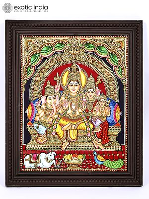 Lord Shiva Family | 24 Karat Gold Work | Framed Tanjore Painting