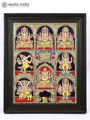 Ashta Ganapati | 24 Karat Gold Work | Framed Tanjore Painting