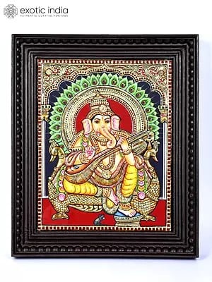 Lord Ganesha Seated on Peacock Throne | 24 Karat Gold Work | Framed Tanjore Painting