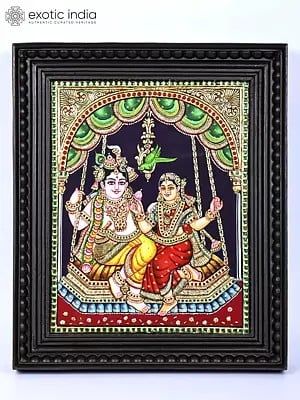 Radha Krishna on Swing | 24 Karat Gold Work | Framed Tanjore Painting