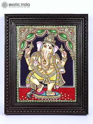 Dancing Lord Ganesha | 24 Karat Gold Work | Framed Tanjore Painting