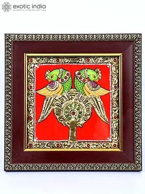 Pair of Parrots | 24 Karat Gold Work | Framed Tanjore Painting