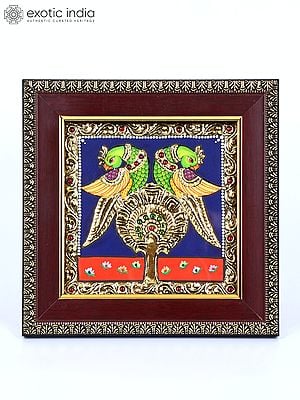 Pair of Parrots | 24 Karat Gold Work | Framed Tanjore Painting