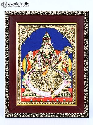 Goddess Saraswati | 24 Karat Gold Work | Framed Tanjore Painting