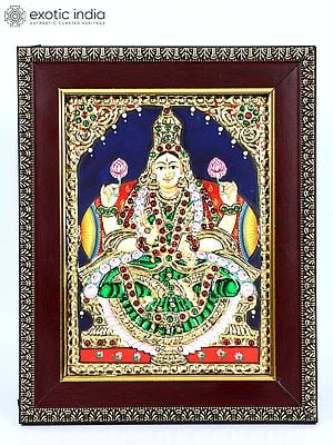 Blessing Goddess Lakshmi | 24 Karat Gold Work | Framed Tanjore Painting