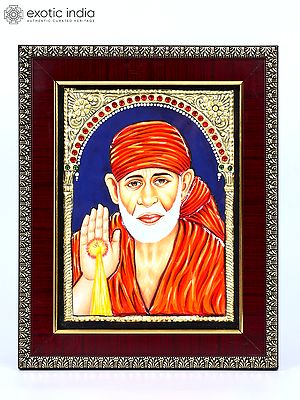 Blessing Sai Baba | 24 Karat Gold Work | Framed Tanjore Painting