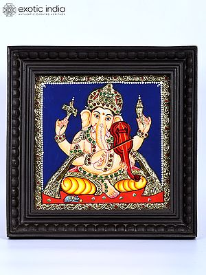 Lord Ganesha Playing Violin | 24 Karat Gold Work | Framed Tanjore Painting