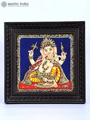 Lord Ganesha Playing Mangal Vadya Shehnai | 24 Karat Gold Work | Framed Tanjore Painting