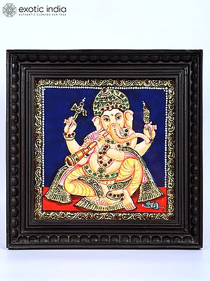 Lord Ganesha Playing Shehnai | 24 Karat Gold Work | Framed Tanjore Painting